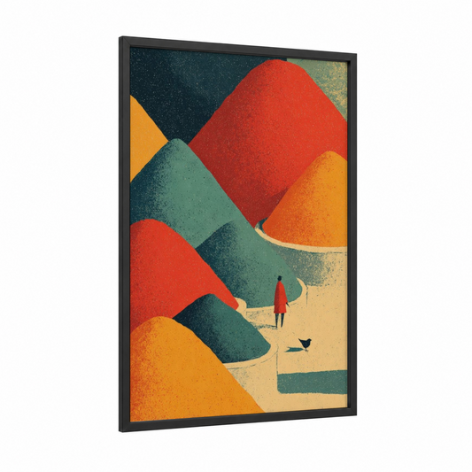 Wanderer's Spice Valley framed herbs and spices print — black wood frame — red and gold palette