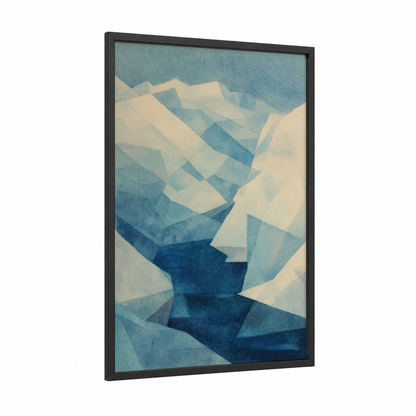 Snowy Glacier Canyon framed art print — black wood frame — blue and white and teal palette