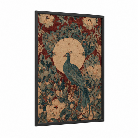 Moonlit Phoenix framed art print — black wood frame — maroon and teal palette