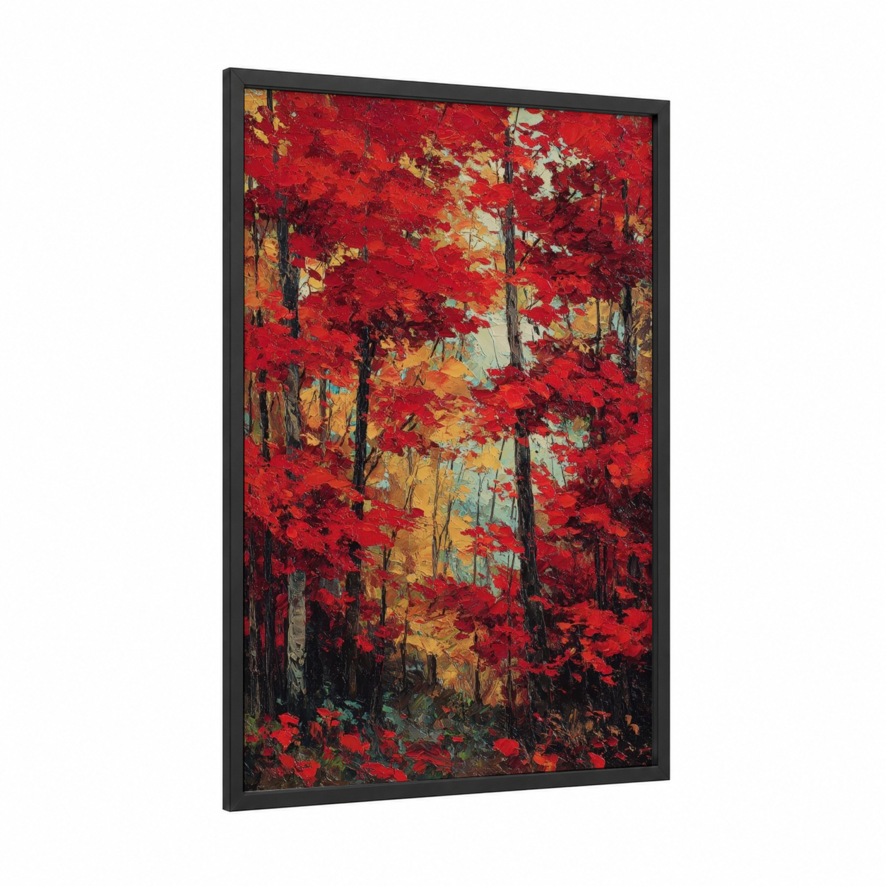 Crimson Forest Canopy framed forest trees print — black wood frame — red and gold and white palette