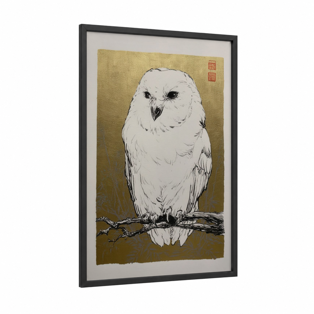 Snowy Owl Portrait framed art print — black wood frame — gold and black and white palette