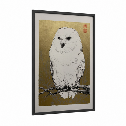 Snowy Owl Portrait framed art print — black wood frame — gold and black and white palette