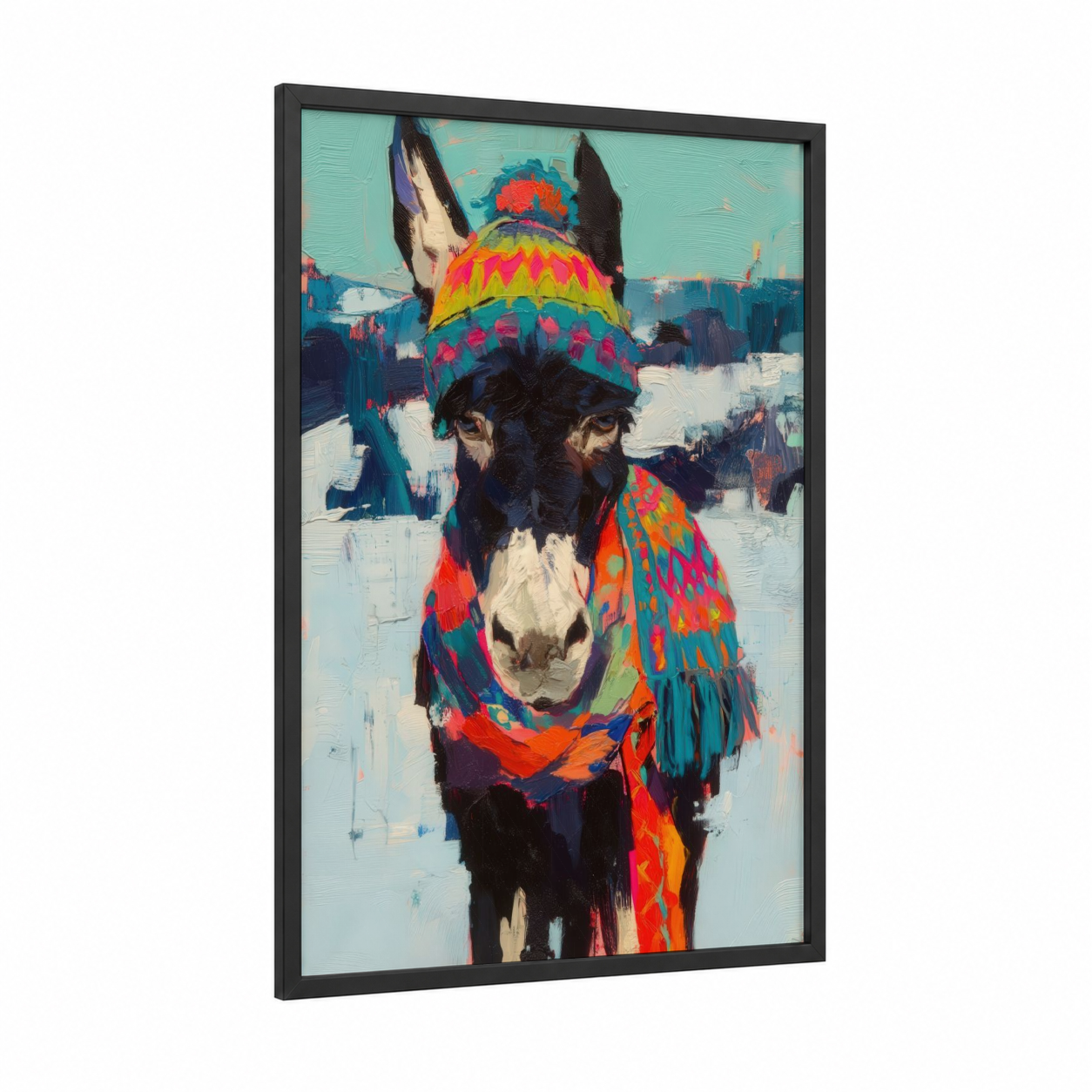 Festive Donkey framed art print — black wood frame — blue and orange palette