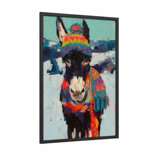 Festive Donkey framed art print — black wood frame — blue and orange palette