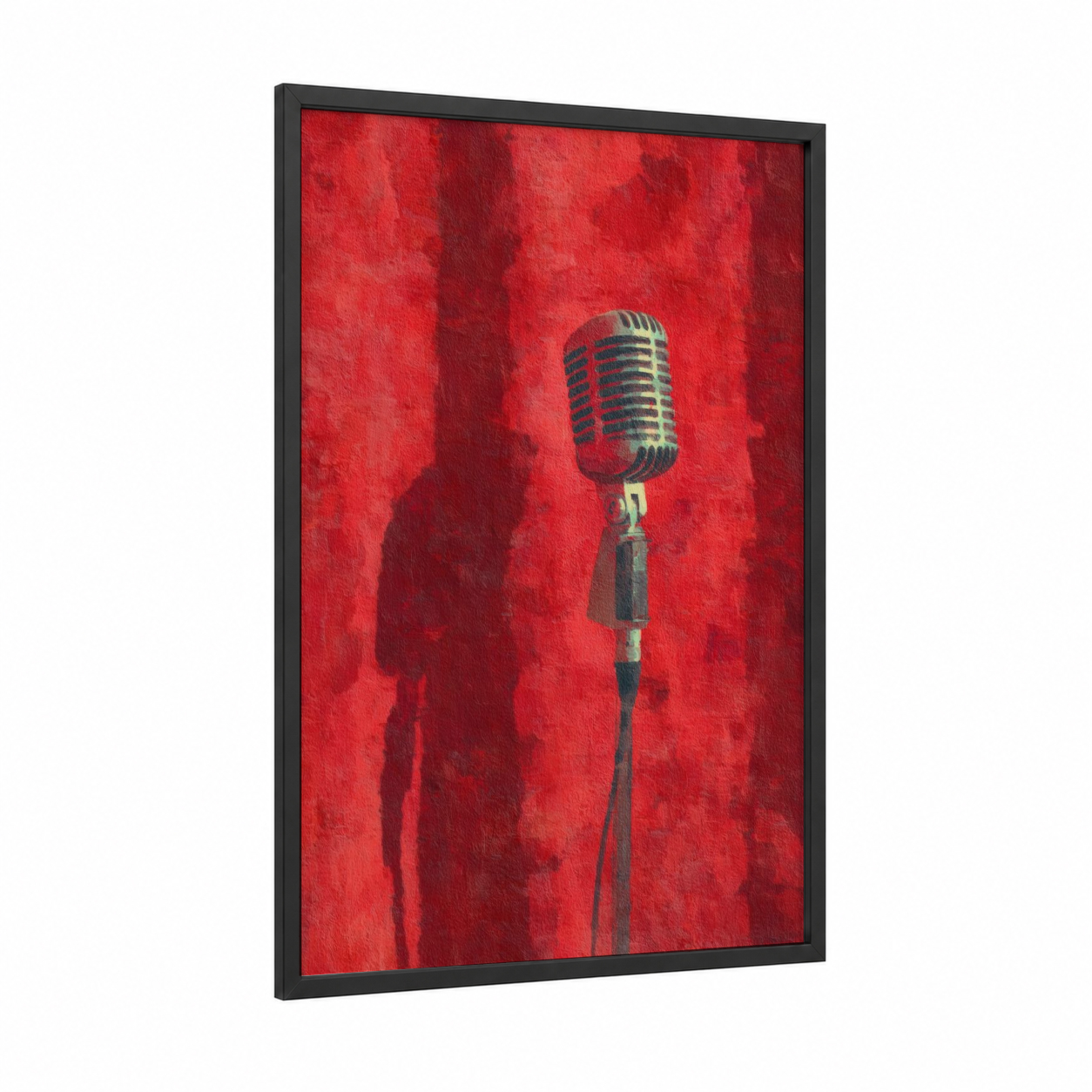Vintage Red Microphone framed art print — black wood frame — red and gold palette