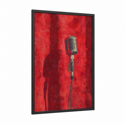 Vintage Red Microphone framed art print — black wood frame — red and gold palette