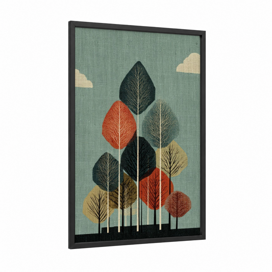 Autumn Birch Forest framed birch tree print — black wood frame — sage green and red palette