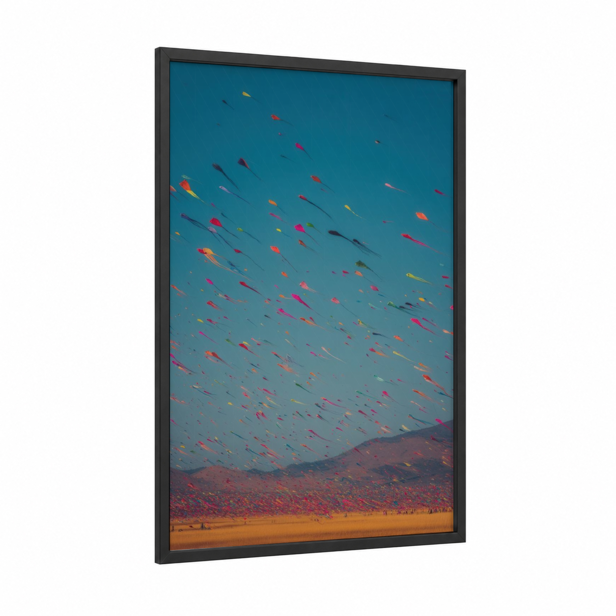 Kite Festival Sky framed hindu holidays print — black wood frame — teal and orange palette
