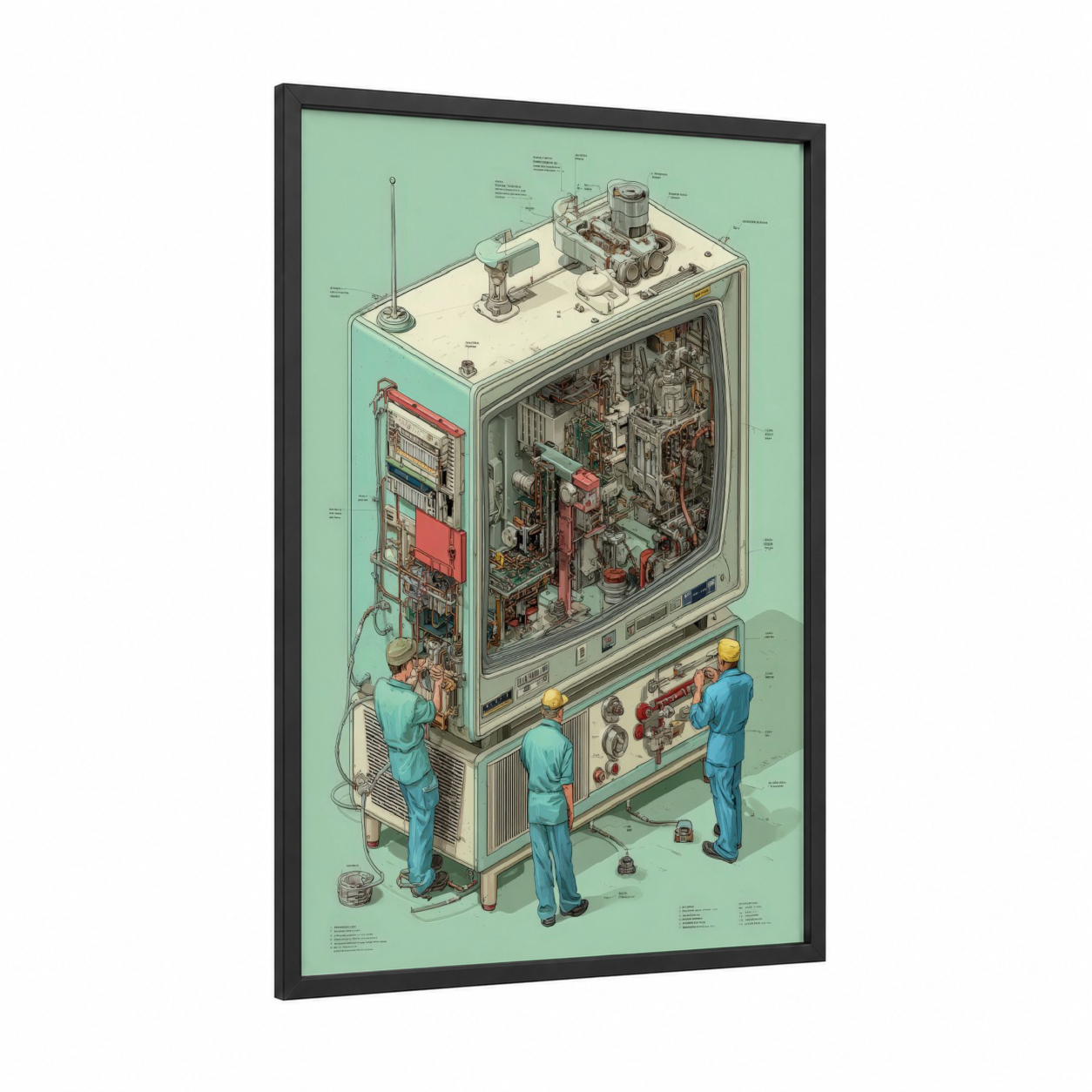 Vintage Television Blueprint framed blueprints print — black wood frame — light green and cream palette