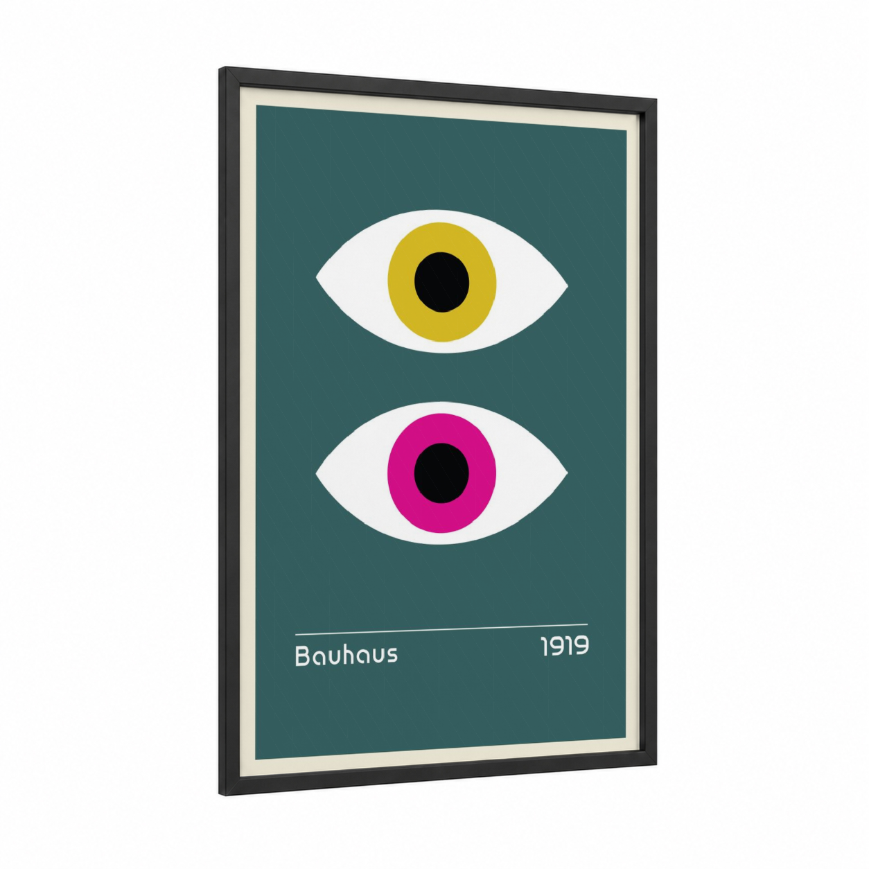 Dual Vision Eyes framed abstract geometric print — black wood frame — teal and magenta palette