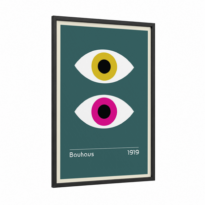 Dual Vision Eyes framed abstract geometric print — black wood frame — teal and magenta palette