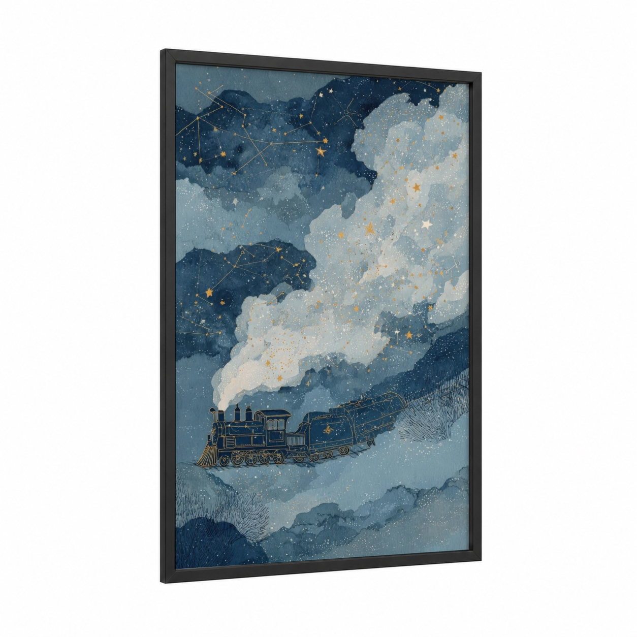 Starlit Train Journey framed art print — black wood frame — dark blue and gold and white palette