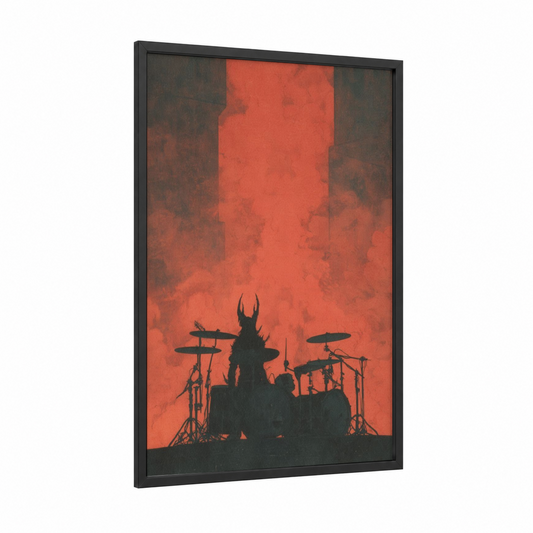 Infernal Drummer framed death metal print — black wood frame — red and black palette