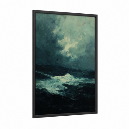 Stormy Ocean framed seascapes and ocean print — black wood frame — teal and dark blue palette