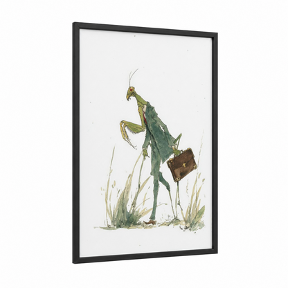 Briefcase Mantis framed prayin mantis print — black wood frame — green and brown palette