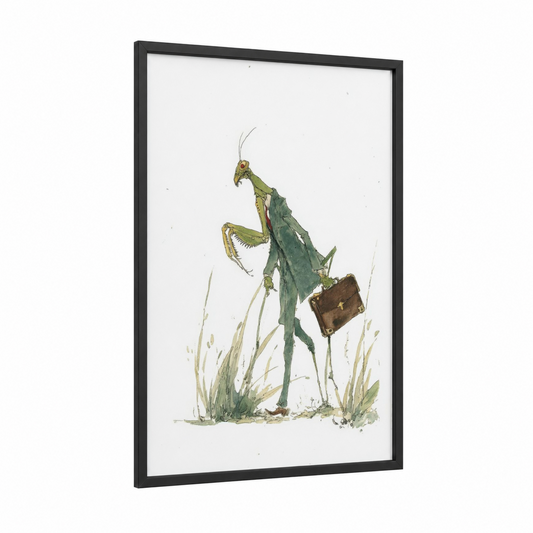 Briefcase Mantis framed prayin mantis print — black wood frame — green and brown palette