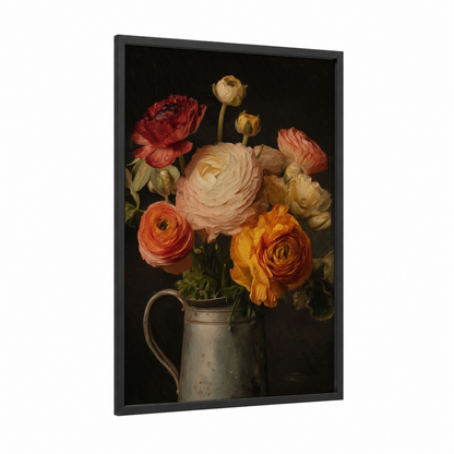 Vintage Ranunculus Arrangement framed art print — black wood frame — gold and russet palette