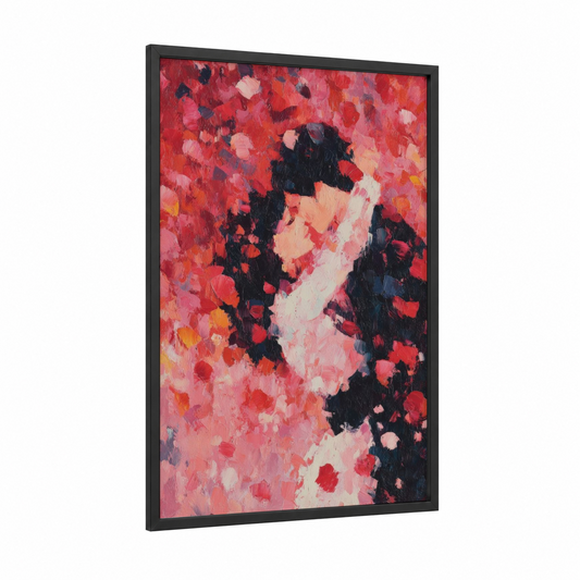 Crimson Valentine Embrace framed valentine's day print — black wood frame — red and black and red palette