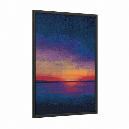 Pixelated Sunset framed beadwork print — black wood frame — blue and gold palette