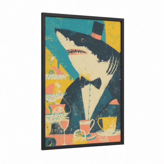Dapper Shark framed great white shark print — black wood frame — teal and mustard palette