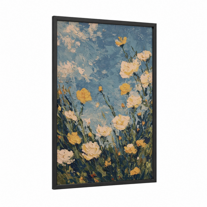Golden Bloom Garden framed roses print — black wood frame — blue and gold palette