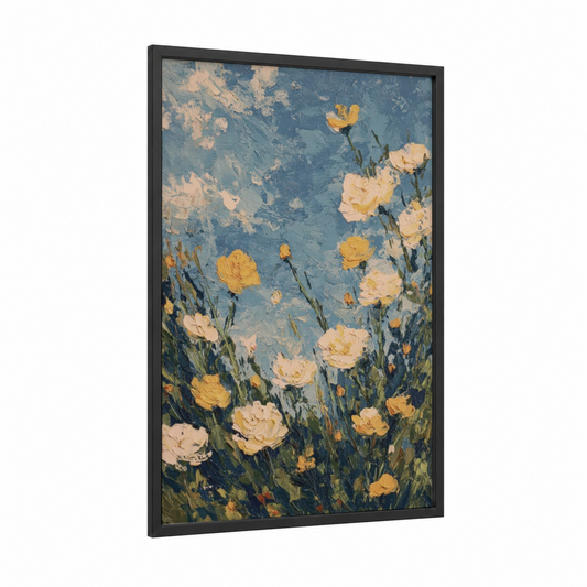 Golden Bloom Garden framed roses print — black wood frame — blue and gold palette