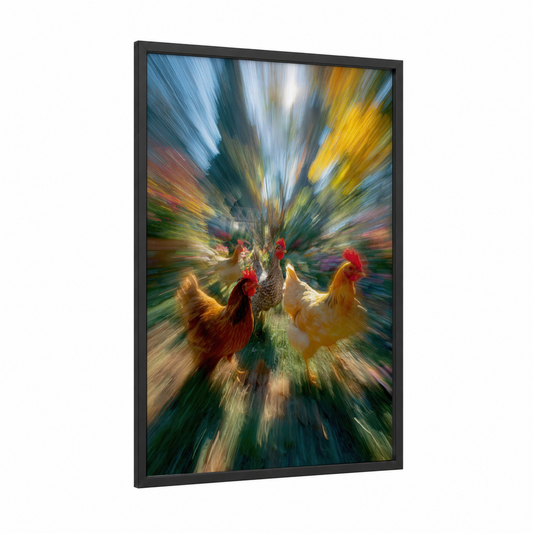 Dynamic Flock Motion framed ducks print — black wood frame — gold and blue and green palette