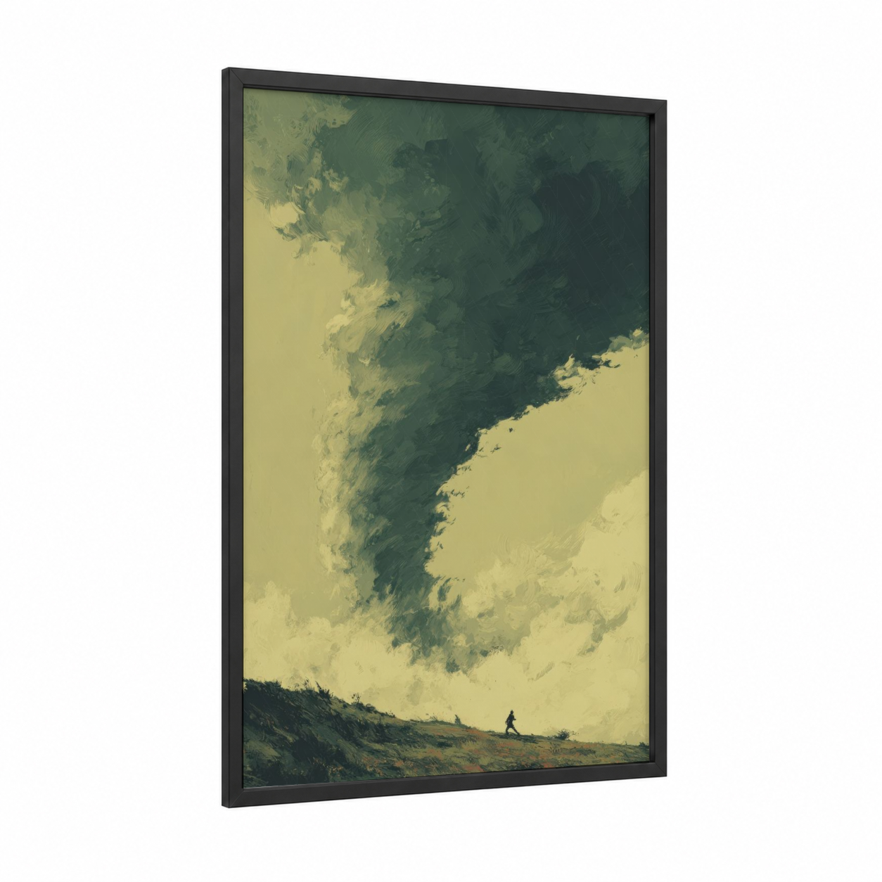 Approaching Tornado framed art print — black wood frame — sage green and yellow palette