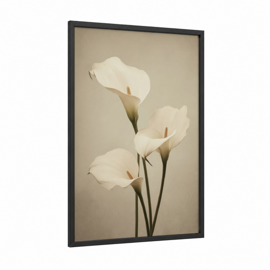 Elegant Calla Lilies framed spring print — black wood frame — cream and beige palette