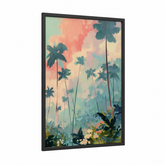 Tropical Dreamscape framed palm forest print — black wood frame — peach and aquamarine palette