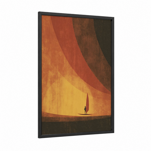 Golden Windsurfer framed windsurfing print — black wood frame — orange and gold palette