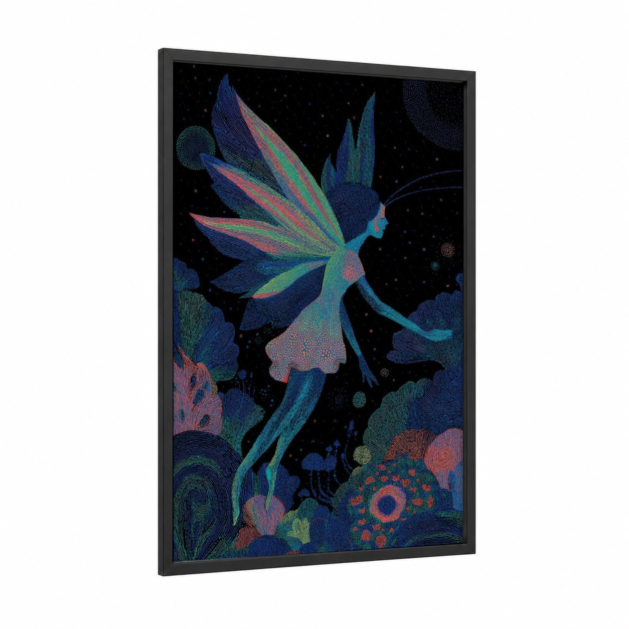 Cosmic Fairy framed art print — black wood frame — blue and teal palette