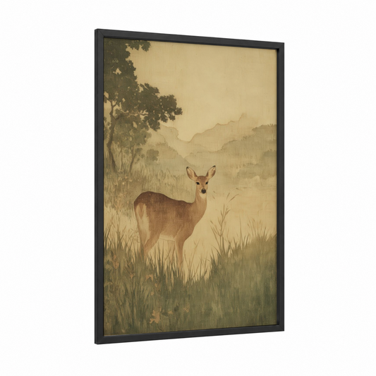 Misty Ridge Deer framed blue ridge mountains print — black wood frame — cream and olive palette