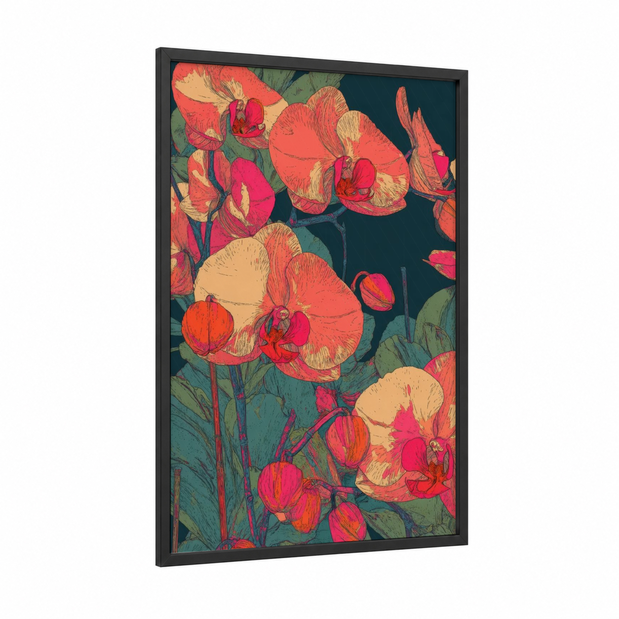 Coral Orchid Cluster framed art print — black wood frame — red and gold and teal palette