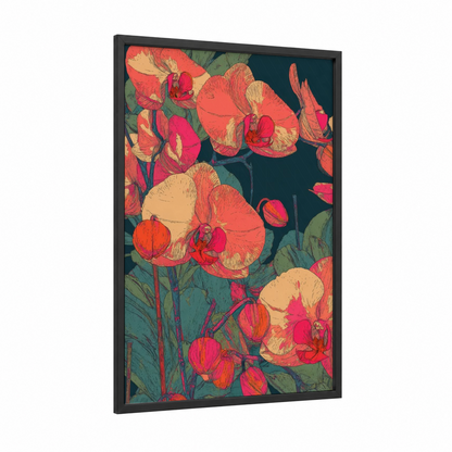 Coral Orchid Cluster framed art print — black wood frame — red and gold and teal palette
