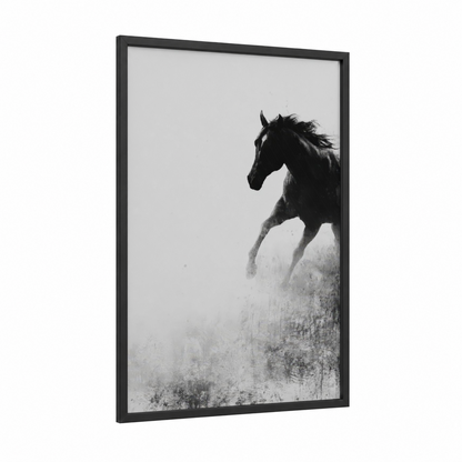 Misty Quarter Horse framed art print — black wood frame — black and white palette