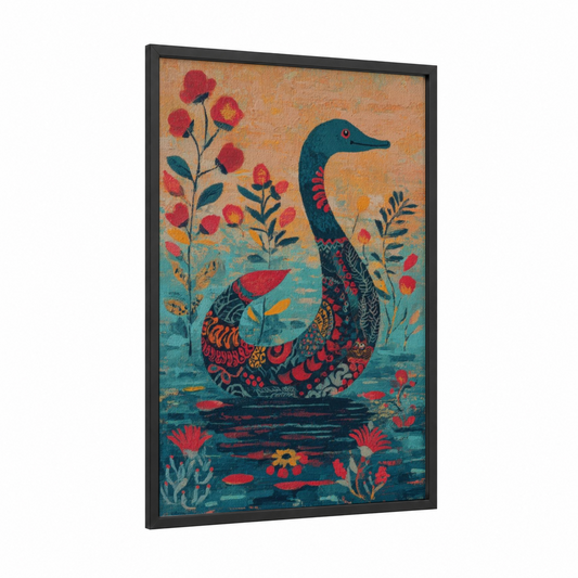 Ornate Loch Ness framed loch ness monster print — black wood frame — teal and russet palette