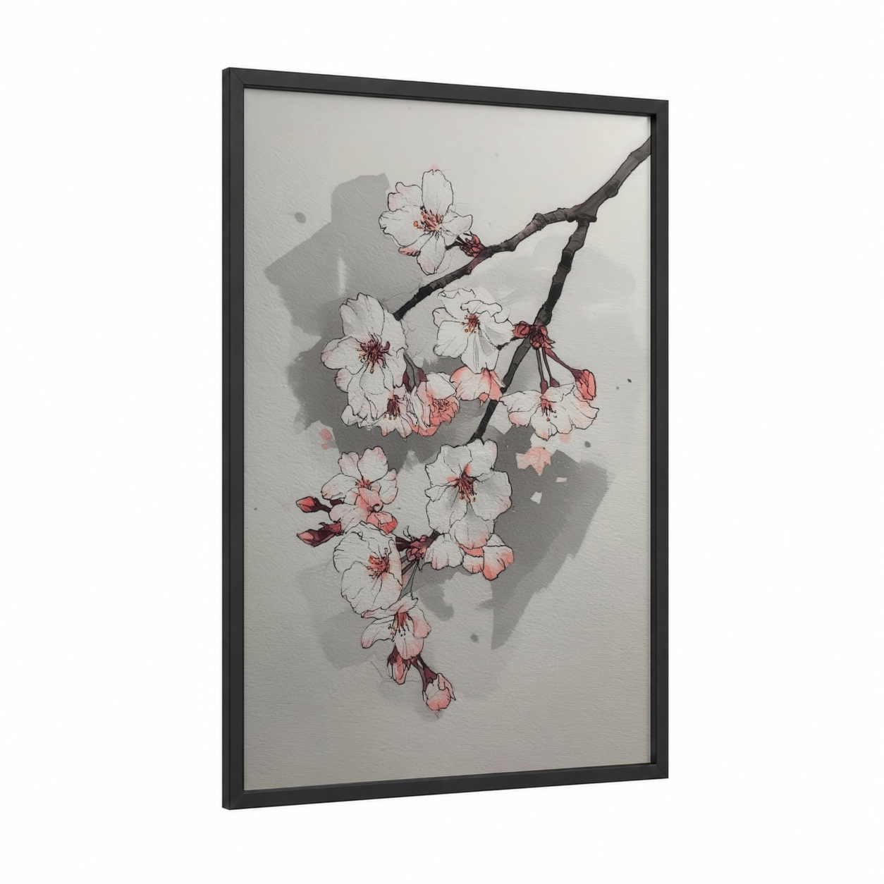 Spring Cherry Blossoms framed art print — black wood frame — white and salmon pink palette