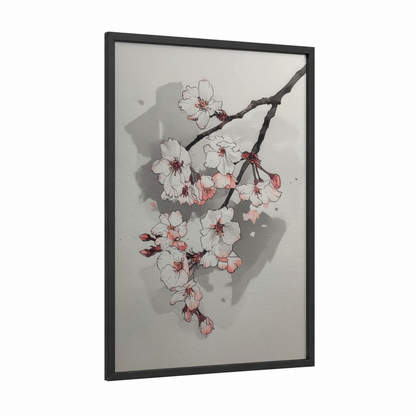 Spring Cherry Blossoms framed art print — black wood frame — white and salmon pink palette