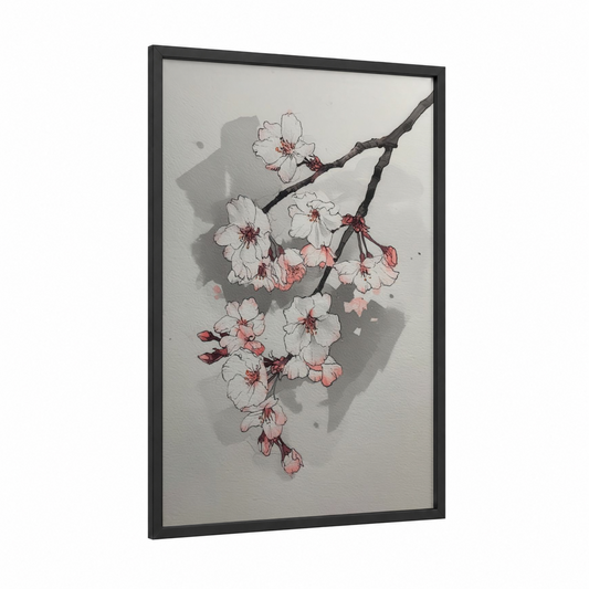 Spring Cherry Blossoms framed art print — black wood frame — white and salmon pink palette