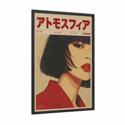 Vintage Japanese Fashion Portrait Wall Art framed fashion illustration print — black wood frame — red and beige palette