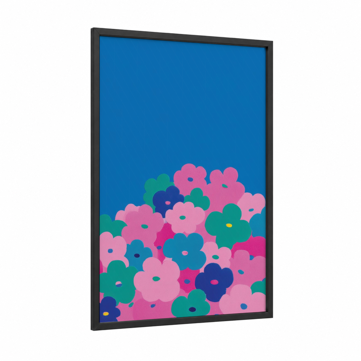 Colorful Abstract Blooms framed abstract flower print — black wood frame — pink and teal palette