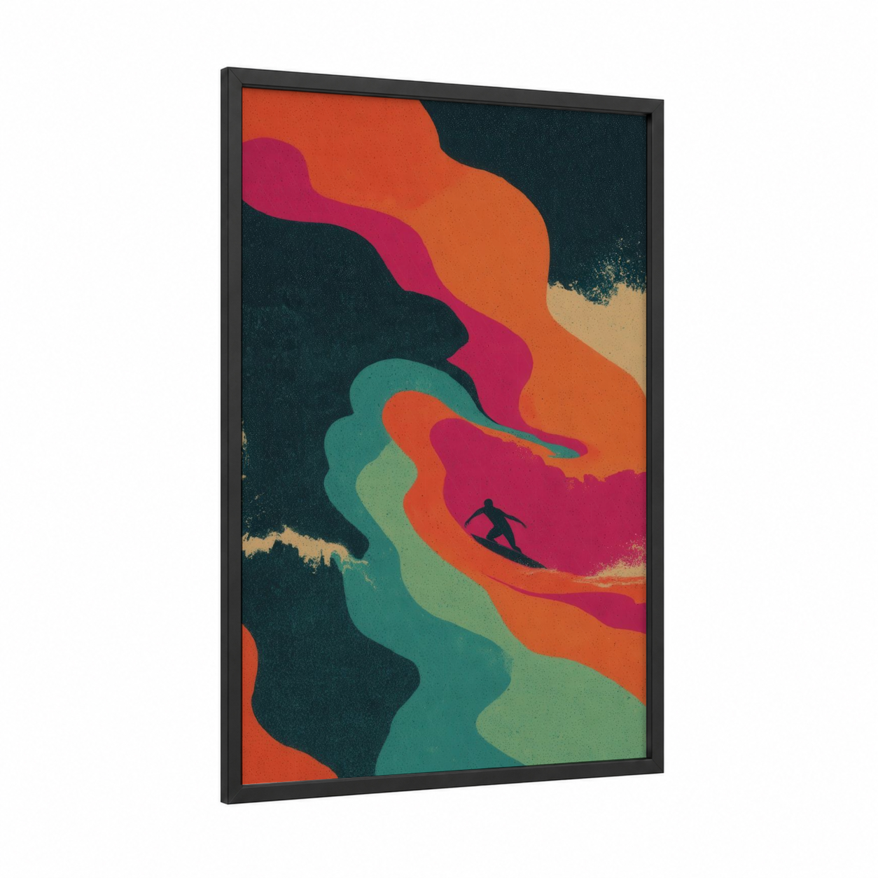 Vibrant Surf Waves framed water surfing print — black wood frame — magenta and orange palette