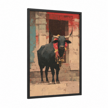 Sacred Bull framed hinduism print — black wood frame — red and gold palette