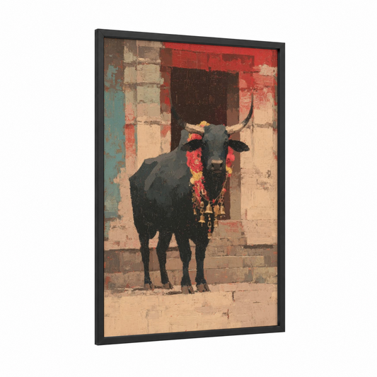 Sacred Bull framed hinduism print — black wood frame — red and gold palette