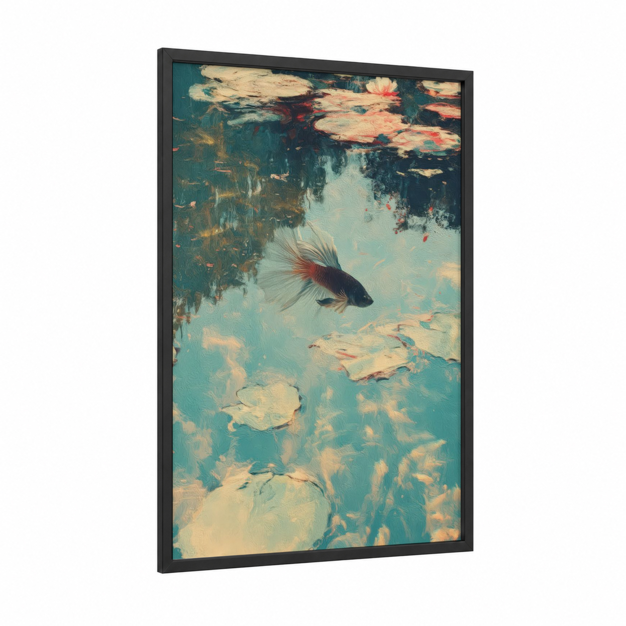 Crimson Betta Grace framed fighting fish print — black wood frame — teal and gold palette