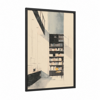 Modern Library Interior framed art print — black wood frame — beige and gray palette