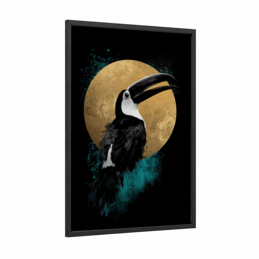 Golden Toucan framed art print — black wood frame — gold and teal palette