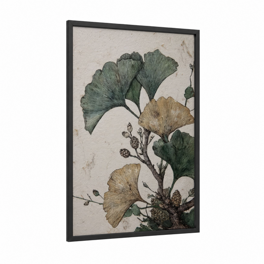 Ginkgo Bonsai framed bonsai tree print — black wood frame — dark green and beige palette