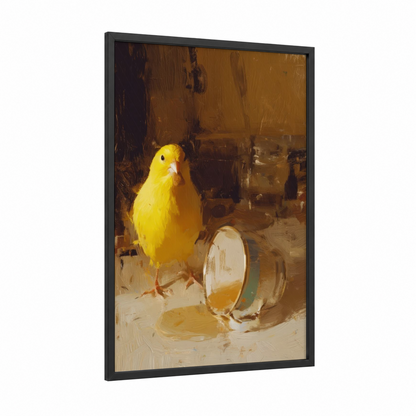 Golden Canary Study framed canaries print — black wood frame — gold and brown palette